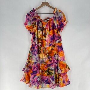True Destinations  Multicolor Chiffon Tiered Ruffle Hem Off The‎ Shoulders Dress